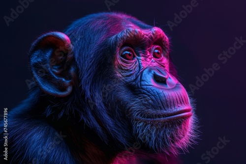 Wallpaper Mural a chimpanzee is looking at the camera in a purple and blue light Torontodigital.ca