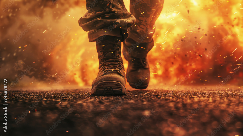 Fototapeta premium Soldier boots view with fire explosion in background representing war front