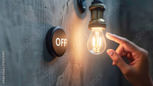 Energy saving concept image with a switch off button and a light bulb