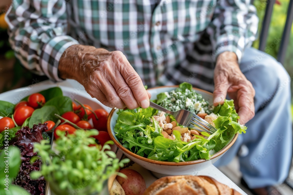 Senior Man Adding Feta Cheese to Fresh Garden Salad at Home Senior Man Adding Feta Cheese to Fresh Garden Salad at Home