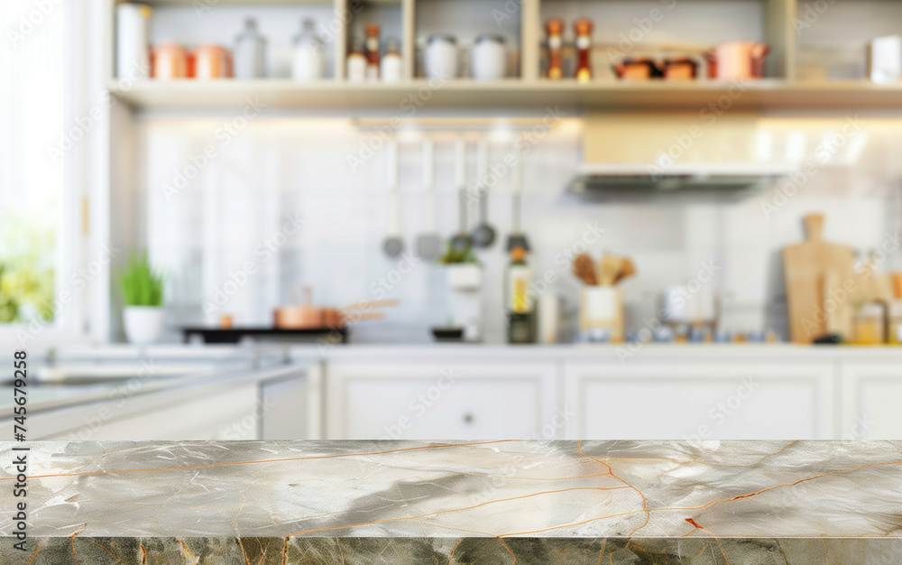 White marble texture table top on blurred kitchen. For product display or design key visual layout. Moack-up for product display or showcase or montage items / foods