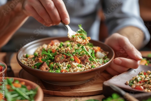 Person Garnishing Healthy Quinoa Salad with Fresh Ingredients