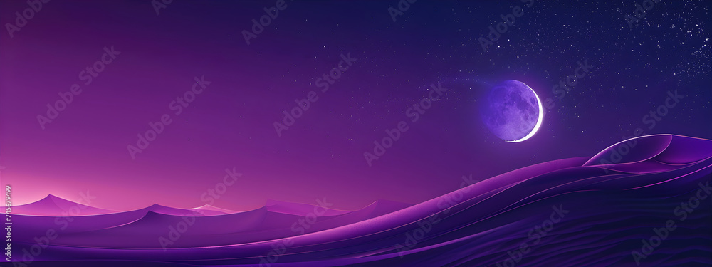 Beautiful crescent moon against the backdrop of the Arabian desert. Banner for Eid al-Fitr with copy space.