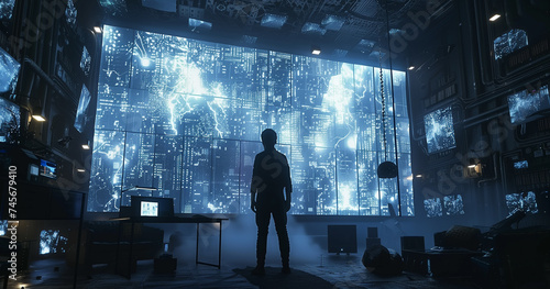 a computer screen with a man standing in front futuristic robots.AI with Human concept