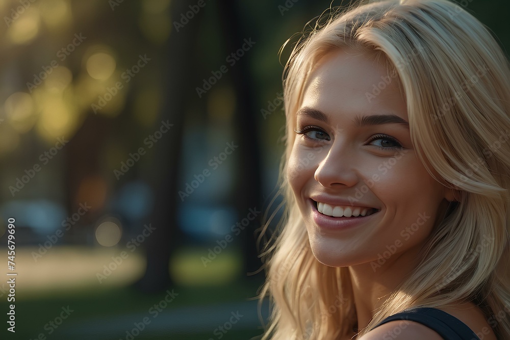 Beautiful Girl's Portrait against Bokeh Background with Copy Space