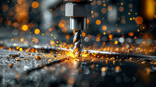 Drilling machine with sparks, close-up. Industrial background. Shallow depth of field. photo