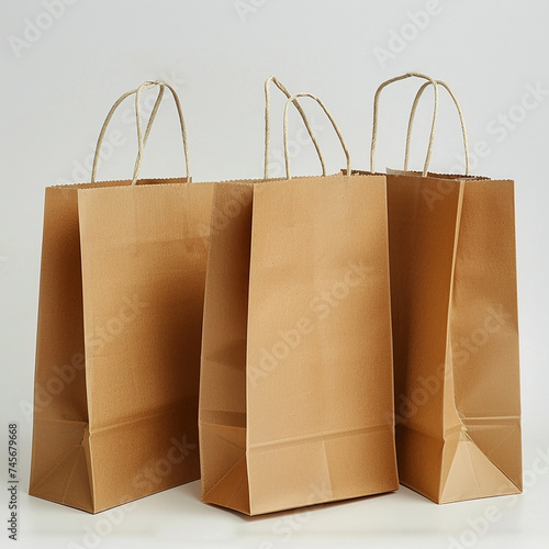 Paper bags for shopping, gifts and food bags minimalist design. Brown kraft paper or cardboard bags with handles. Shopping conceptual trendy. Light wall in the background. Eco, recycle
