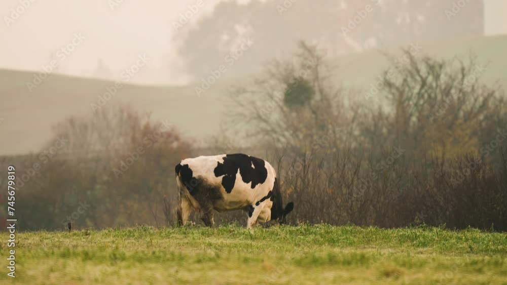Stud Beef cow grazing on grass in field, eating hay and silage with foggy mystic background in hilly area, breathing with vapor. Natural pasture, meadow with grass for cattle, green fresh feed