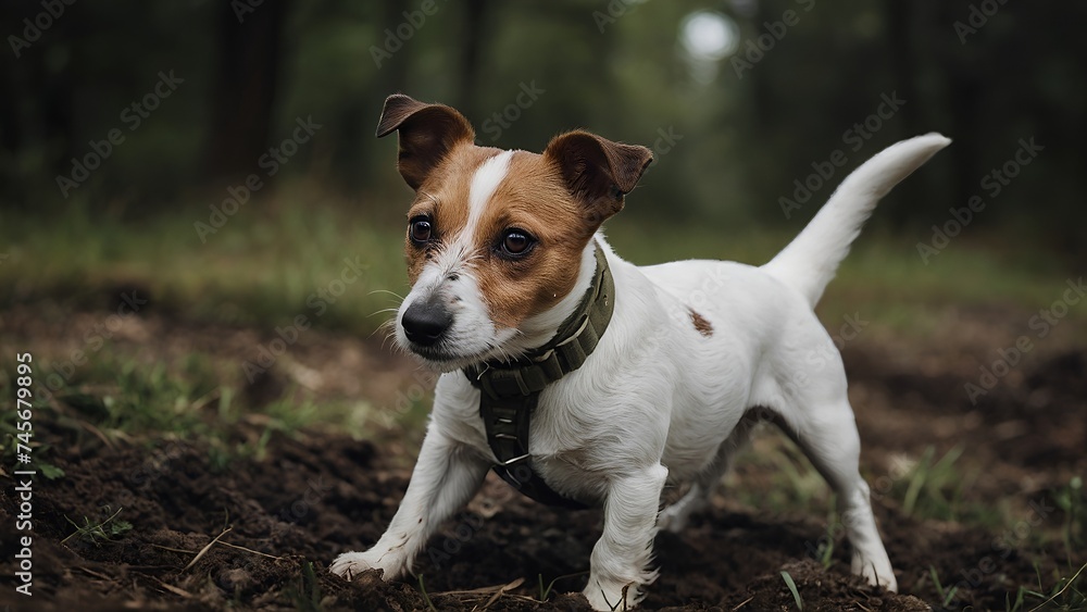 Small White and Brown Dog Standing in Forest Small White and Brown Dog Standing in Forest