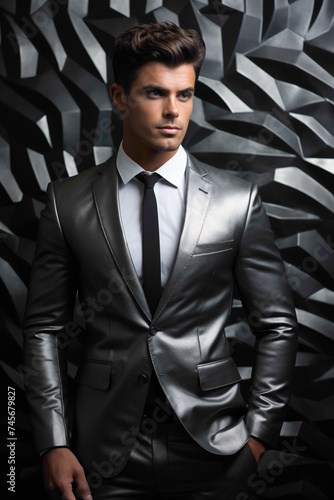In front of a sleek pewter wall, a striking male model showcases his bright business attire with finesse. His flawless hairstyle and confident demeanor define him as the epitome of modern elegance.