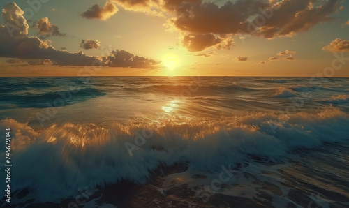 sunset / sunrise over the sea / ocean, golden hour with clouds, eye level view of waves with foam crashing 