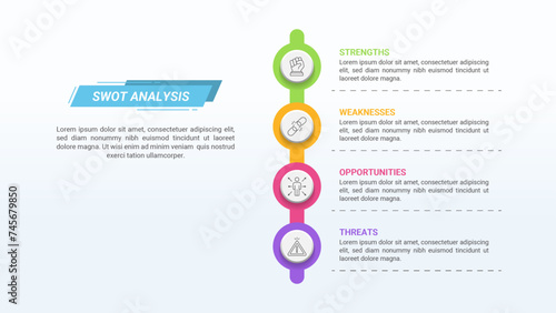 SWOT Analysis Timeline Infographic with 4 Steps and Editable Text on a 16:9 Layout for Business Presentations, Management, and Evaluation.