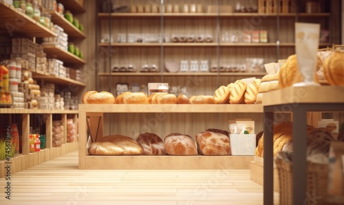Blurred organic, eco-friendly vegan grocery, bakery store with wooden wall, parquet floor, variety of bread, bun, snack on shelf for healthy shopping lifestyle, interior design decoration,GenerativeAI