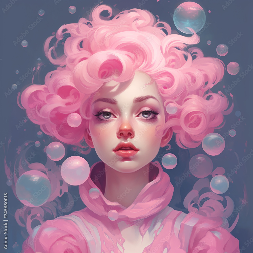 Сartoon character, beautiful girl with pink hair on the background of soap bubbles - realistic art portrait