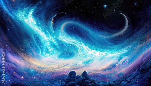 A dreamy, celestial landscape of swirling galaxies, painted in a vibrant, azure hue
