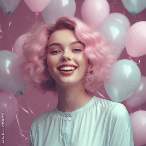 Beautiful young woman with a bright smile, pink hair against a background of pink and blue balloons