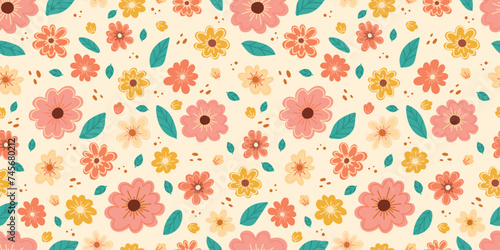 Gentle, spring floral background. Spring flowers and leaves seamless pattern. Colorful garden flowers in a row. Vector floral pattern in doodle style with flowers and leaves.