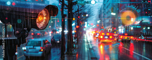 Rainy City Surveillance at Night.
Security camera on a wet urban street at night with vibrant traffic lights and digital overlays. photo