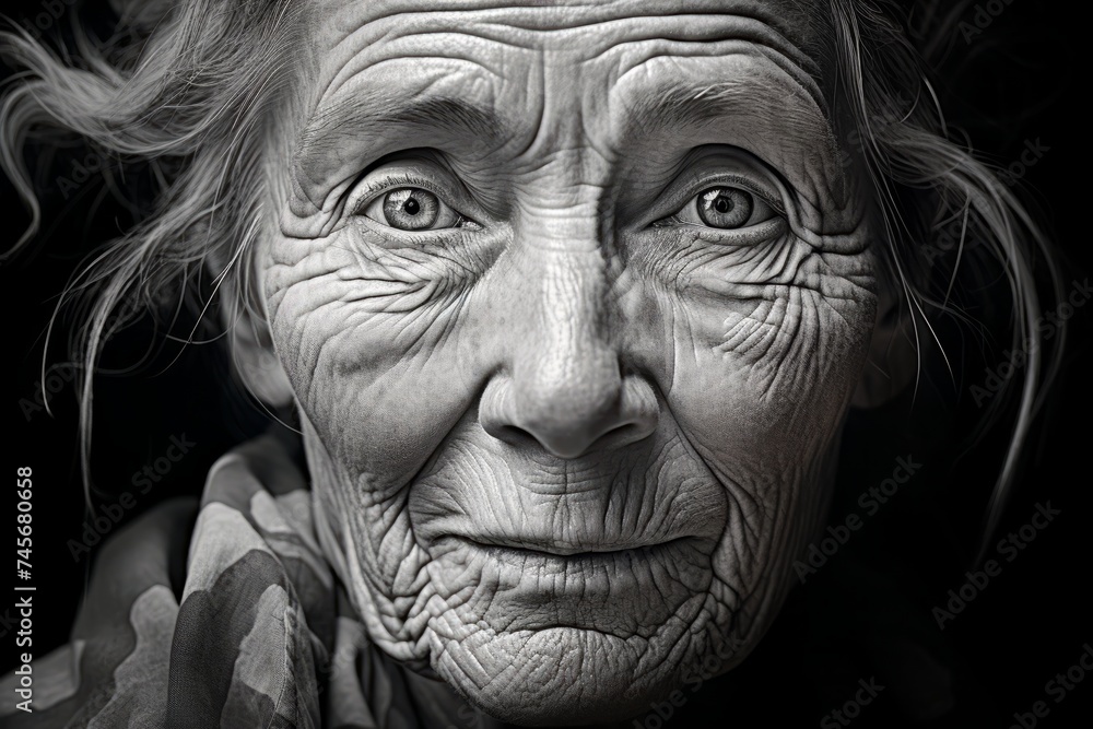 Black and white portrait of an elderly woman with sad eyes and deep wrinkles. Close-up.