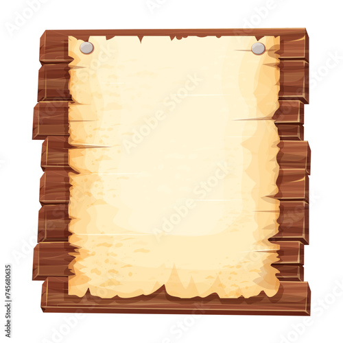 Wooden plank with parchment paper, rustic wooden frame isolated on white background. Panel, plate ui game design. textured timber.