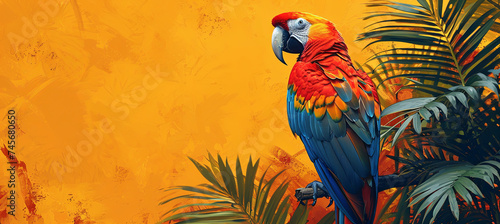  macaw on tropical background, orange colors photo