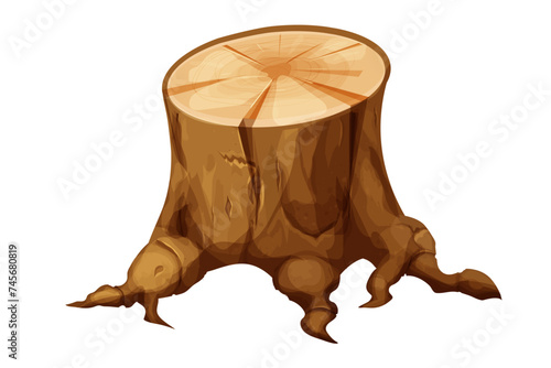 Wooden tree stump forest trunk with roots and bark, cut section isolated. Plant detailed. 