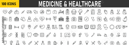 Set of 100 Medical and Healthcare web icons in line style. Medicine, check up, doctor, dentistry, pharmacy, lab, scientific discovery, collection. Vector illustration.