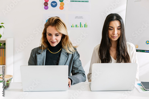 Businesswomen working together on laptop at desk photo