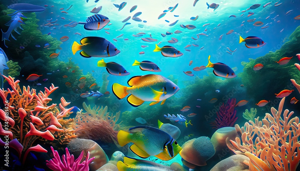 A technicolor school of fish weaves through a lush, tropical underwater paradise