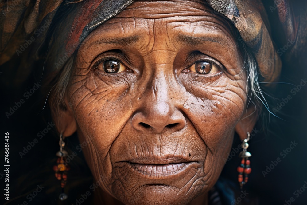 Portrait of an elderly dark-skinned African woman with sad eyes and deep wrinkles. Close-up.