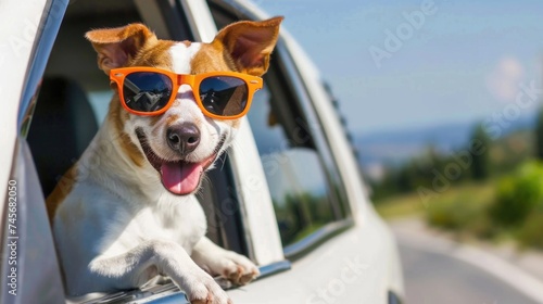 Happy Dog Enjoying a Car Ride on a Sunny Day with Fashionable Sunglasses © romanets_v