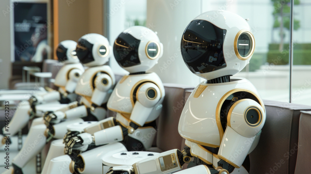 Sleek Row of Modern Humanoid Robots with Visor-Like Eyes Seated in a Contemporary Office Environment Sleek Row of Modern Humanoid Robots with Visor-Like Eyes Seated in a Contemporary Office Environment