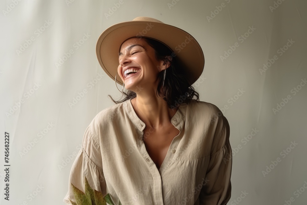 Beautiful young woman in hat and shirt smiling on white background. Beautiful young woman in hat and shirt smiling on white background.