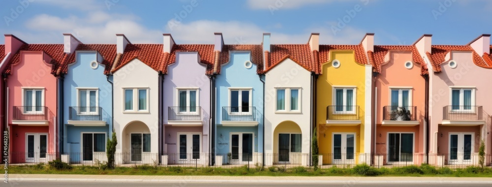 Colorful stucco traditional private townhouses. Residential architecture exterior. Created with generative Generative AI