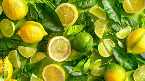 Lemons and limes with green leaves on a green background Creative food summer citrus fruits banner panorama wallpaper, seamless pattern texture, Top view of many fresh lemons photo