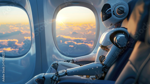 Futuristic Concept of Robotics and AI Travel: Sophisticated Humanoid Robot Gazing Out of Airplane Window at Sunset, Symbolizing the Integration of Advanced Technology in Everyday Life
