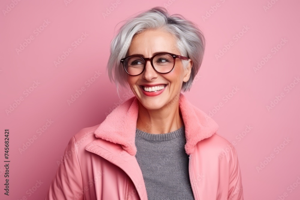 Portrait of a happy senior woman in eyeglasses over pink background