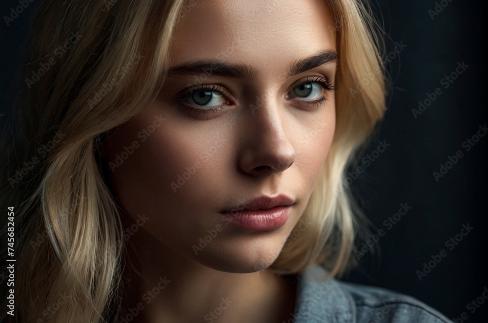 Close up portrait thoughtful young blonde woman, posing at dark gray background, looking. Emotional face of beautiful lady isolated on blank studio wall. Human emotions concept. Copy text space