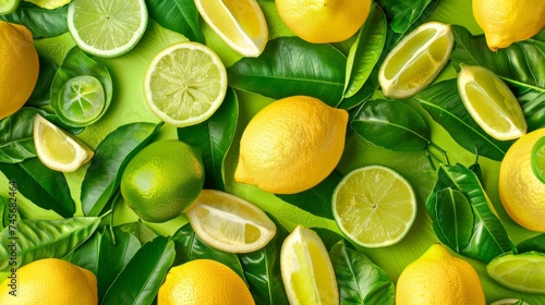 Lemons and limes with green leaves on a green background Creative food summer citrus fruits banner panorama wallpaper, seamless pattern texture, Top view of many fresh lemons