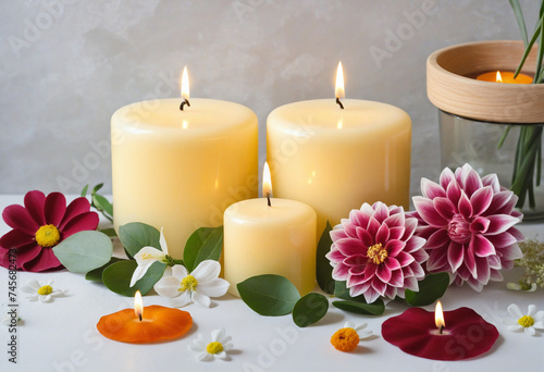 Composition with handmade candles and dahlias