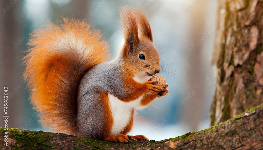 A cute squirrel holding a nut, forest animal A cute squirrel holding a nut, forest animal
