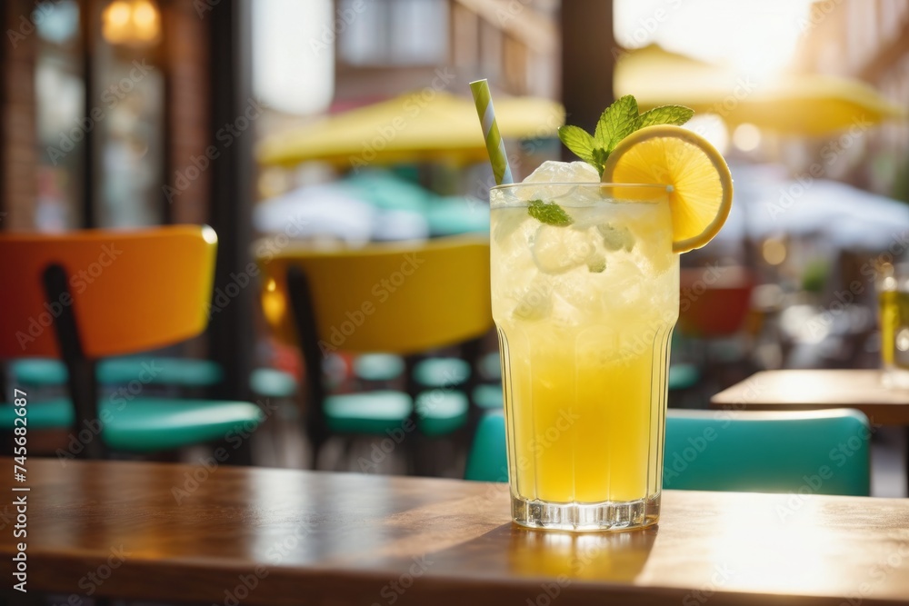 A refreshing cocktail in a glass sits on a bar table A refreshing cocktail in a glass sits on a bar table