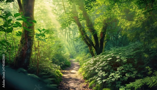 A sun-dappled path through a dense, verdant forest, with a canopy of leafy plants