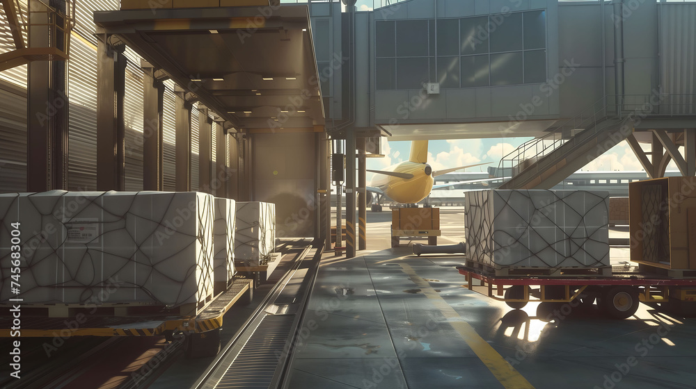 Airport luggage space and in background airplane ready to fly, cinematic, generated ai