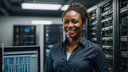 Ingegnere informatico donna di origini afro-americane vestita con una camicia sorride in sala server photo