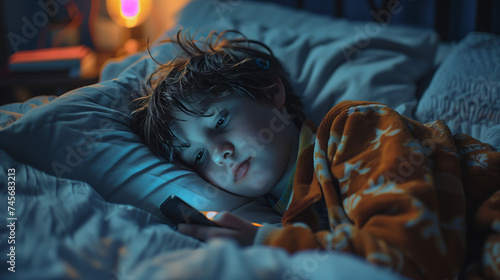 The child is lying in bed in the late hours, scrolling through social media, insomnia, addicted, generated ai