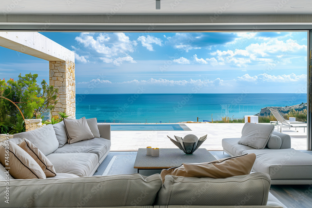 View from the inside of modern interior on terrace with an aluminium folding door, sea and beach in the background