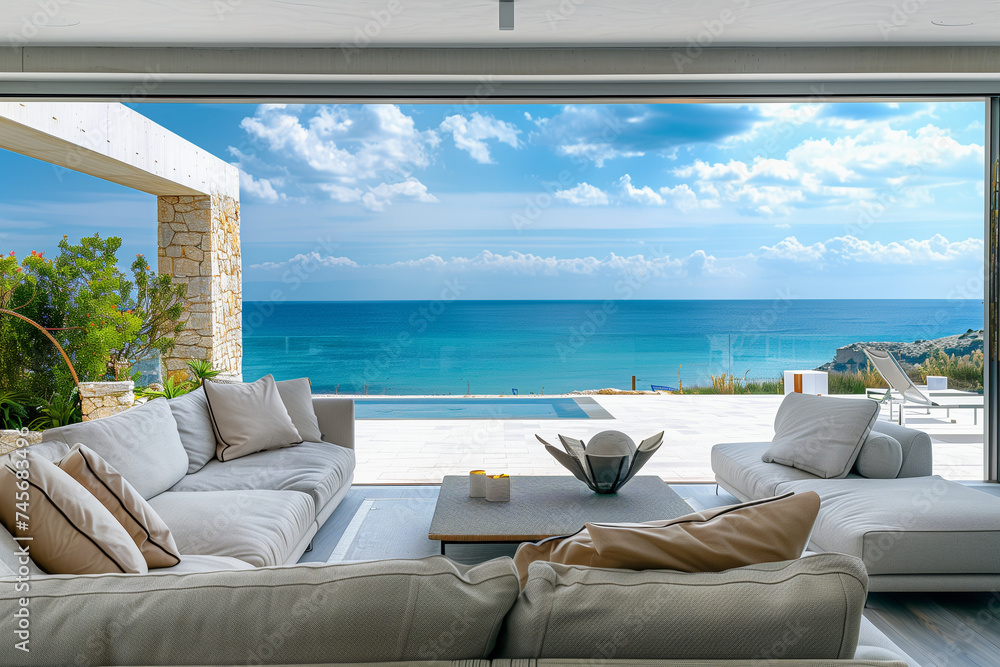 Fototapeta premium View from the inside of modern interior on terrace with an aluminium folding door, sea and beach in the background