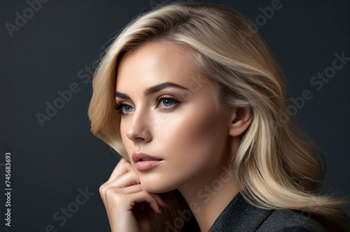Close up portrait pensive young woman, posing at dark gray background, looking at camera. Emotional face of lovely blonde lady isolated on blank studio wall. Human emotions concept. Copy ad text space