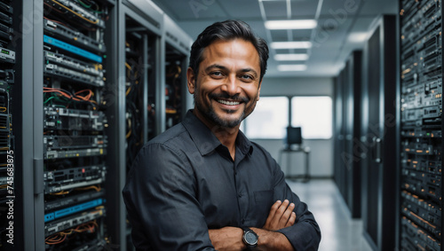 Ingegnere informatico di origini indiane vestito con una camicia sorride in sala server photo